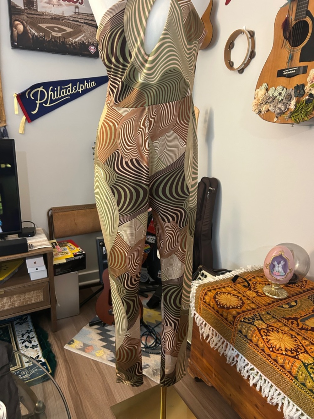 PrettyLittleThing Olive & Brown Abstract Swirl Jumpsuit